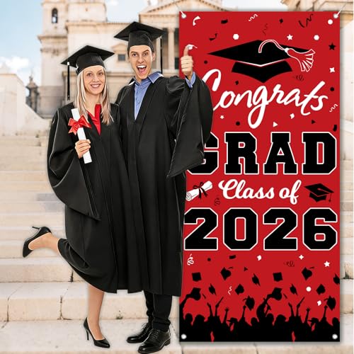 Pedel Graduation Door Cover 2026 - Red Black Congrats Grad Class of 2026 Banner 72x35 Inch