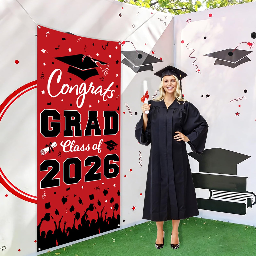 Pedel Graduation Door Cover 2026 - Red Black Congrats Grad Class of 2026 Banner 72x35 Inch