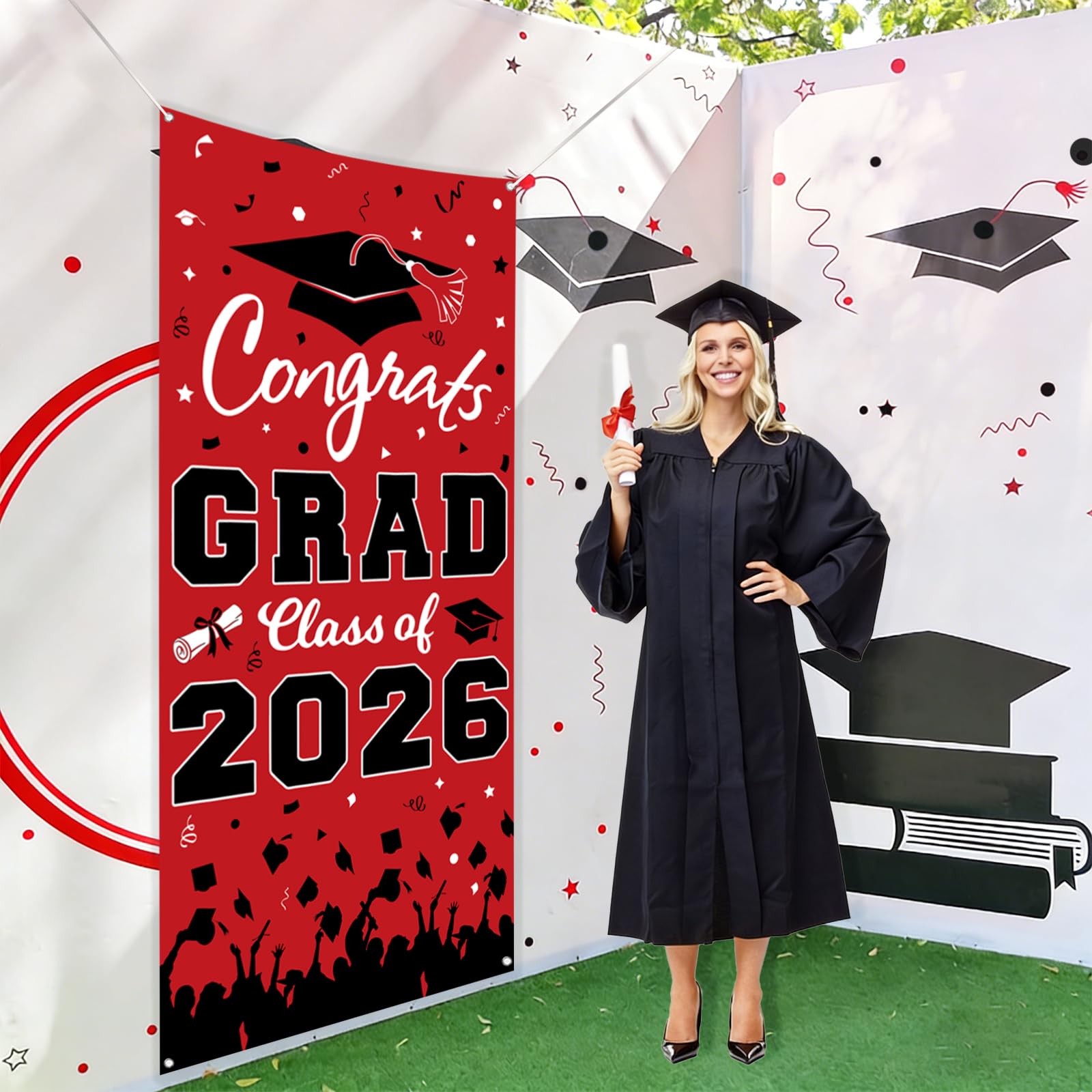 Pedel Graduation Door Cover 2026 - Red Black Congrats Grad Class of 2026 Banner 72x35 Inch