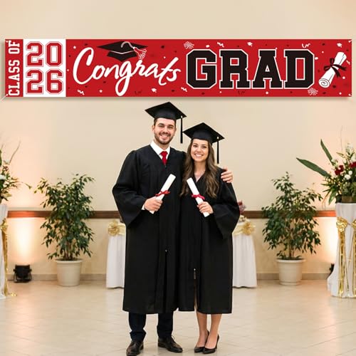Pedel Red Black Congrats Grad Banner Class of 2026 - Large 19x118 Inch Graduation Yard Sign for Party Decor