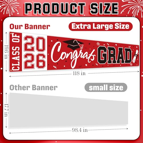 Pedel Red Black Congrats Grad Banner Class of 2026 - Large 19x118 Inch Graduation Yard Sign for Party Decor