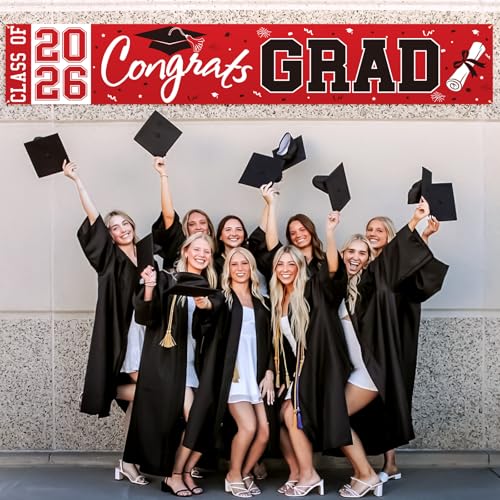 Pedel Red Black Congrats Grad Banner Class of 2026 - Large 19x118 Inch Graduation Yard Sign for Party Decor