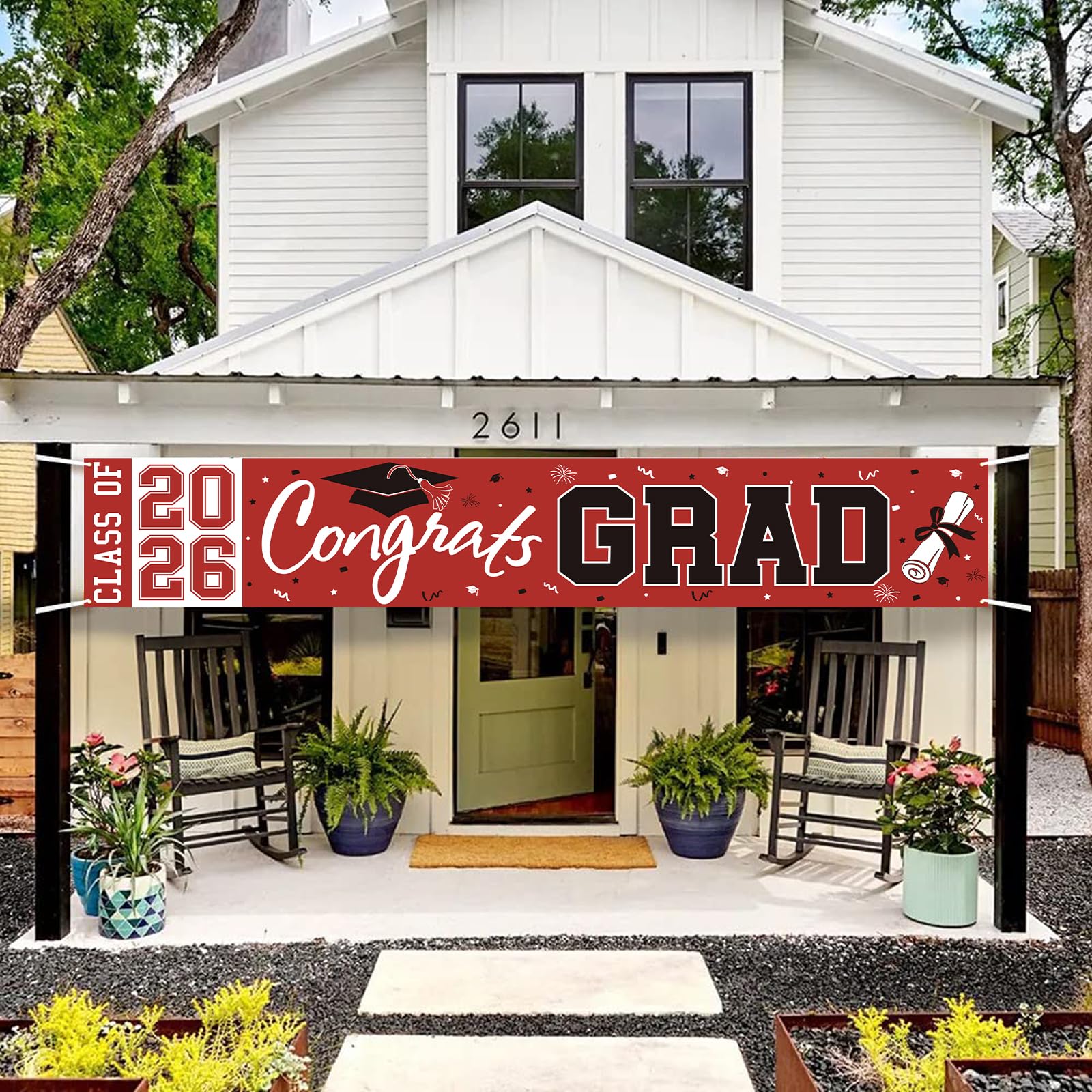 Pedel Red Black Congrats Grad Banner Class of 2026 - Large 19x118 Inch Graduation Yard Sign for Party Decor
