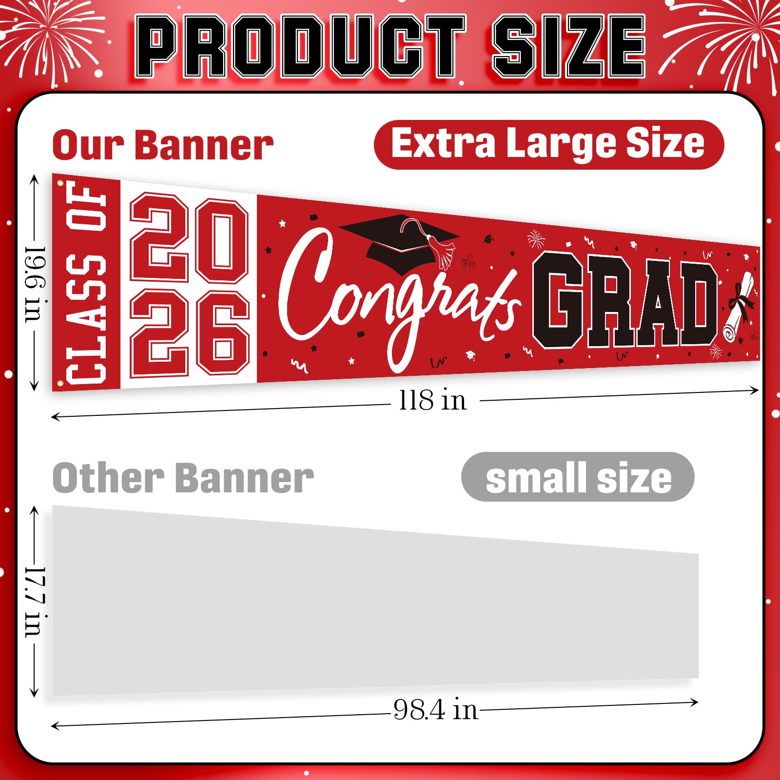 Pedel Red Black Congrats Grad Banner Class of 2026 - Large 19x118 Inch Graduation Yard Sign for Party Decor