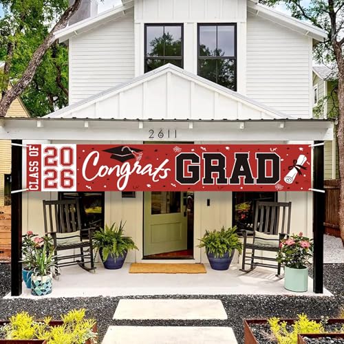 Pedel Red Black Congrats Grad Banner Class of 2026 - Large 19x118 Inch Graduation Yard Sign for Party Decor