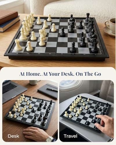 Pedolini Medium Travel Chess Set: 9.7" Magnetic Folding Board with Built-in Storage