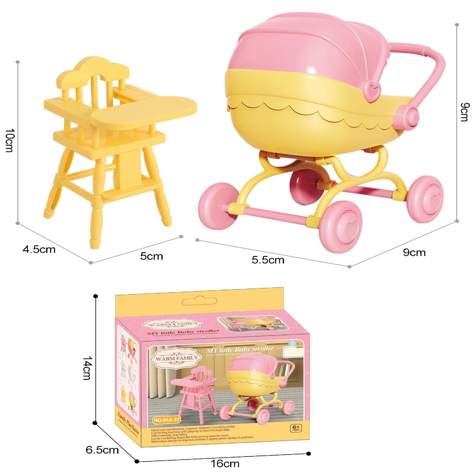 Pemalin Mini Dollhouse Stroller and High Chair Set - Pink & Yellow - Dollhouse Furniture for Pretend Play