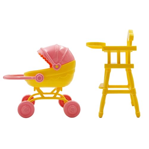 Pemalin Mini Dollhouse Stroller and High Chair Set - Pink & Yellow - Dollhouse Furniture for Pretend Play