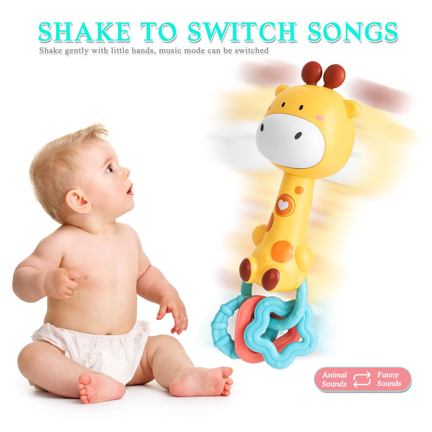 Pemvynx Cute Giraffe Baby Musical Rattle & Teether Toy, Light-Up, 6-18 Months