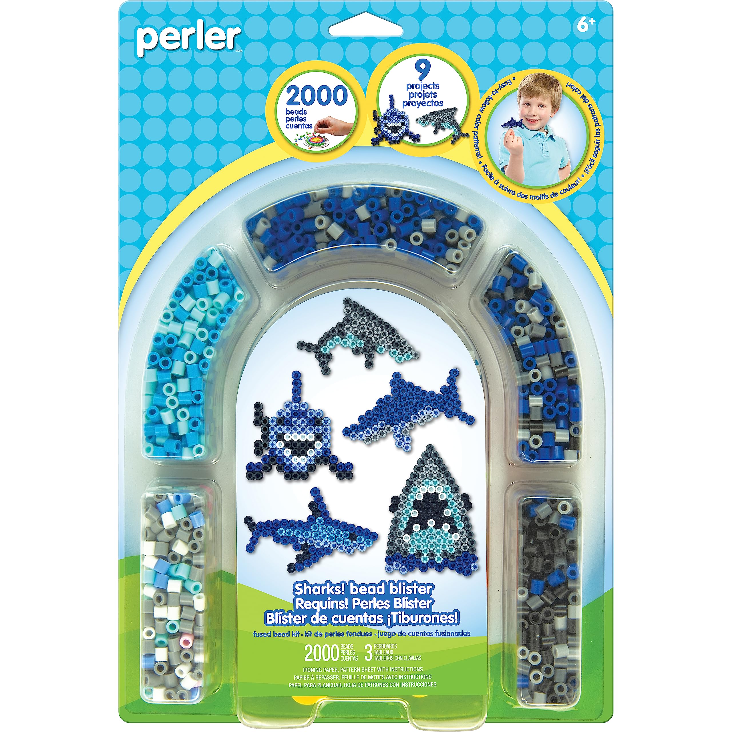 Perler Bead Shark Activity Kit – 2000 Fuse Beads for 9 Shark Crafts, Ages 6+