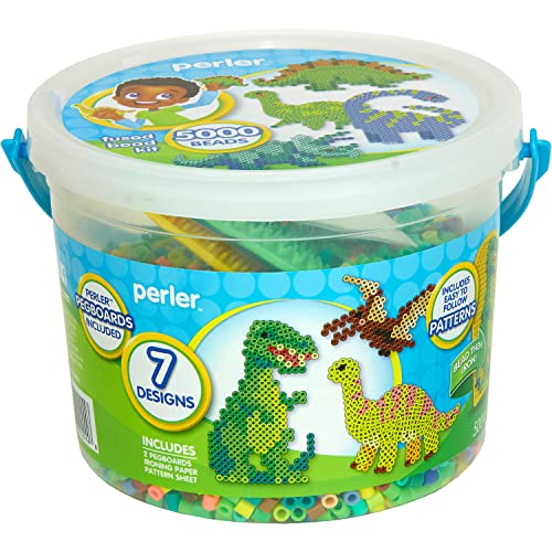Perler Dinosaur Fuse Bead Bucket Kit – 5000 Beads, 22 Colors, 2 Pegboards
