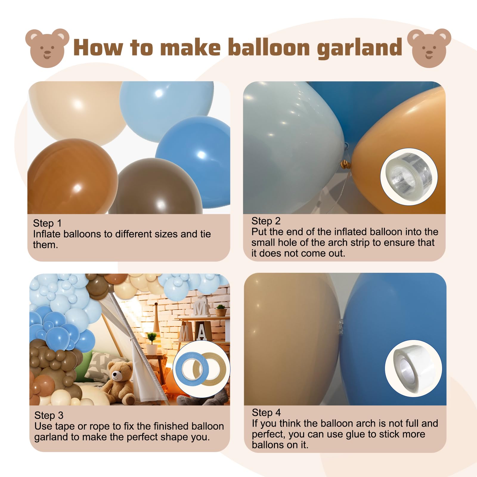 PERPAOL 147-Piece Blue Brown Coffee Balloon Garland Kit for Boho Teddy Bear Safari Parties