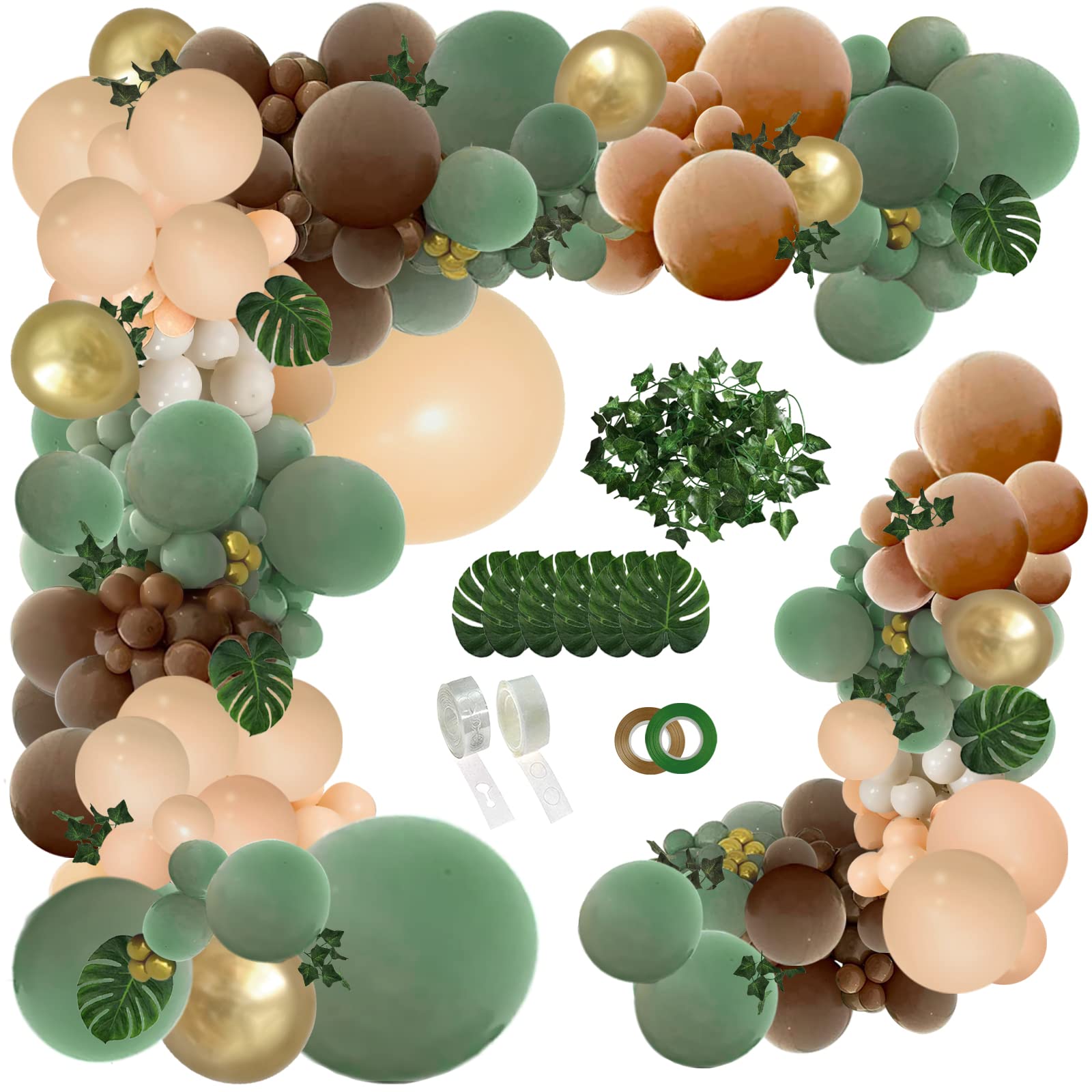 PERPAOL 148-Piece Sage Green & Brown Balloon Garland Kit for Jungle Safari Wild One Party Decor