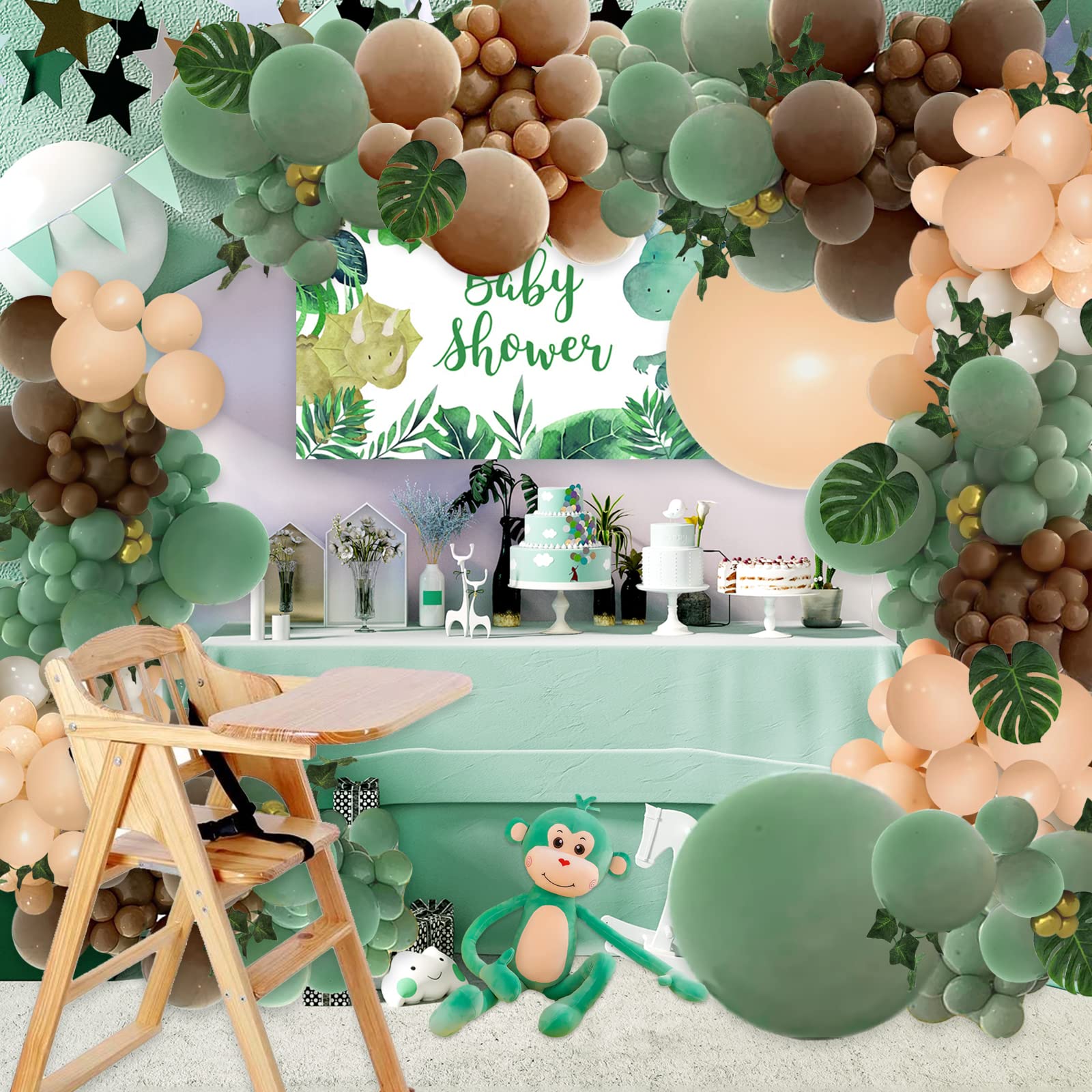 PERPAOL 148-Piece Sage Green & Brown Balloon Garland Kit for Jungle Safari Wild One Party Decor