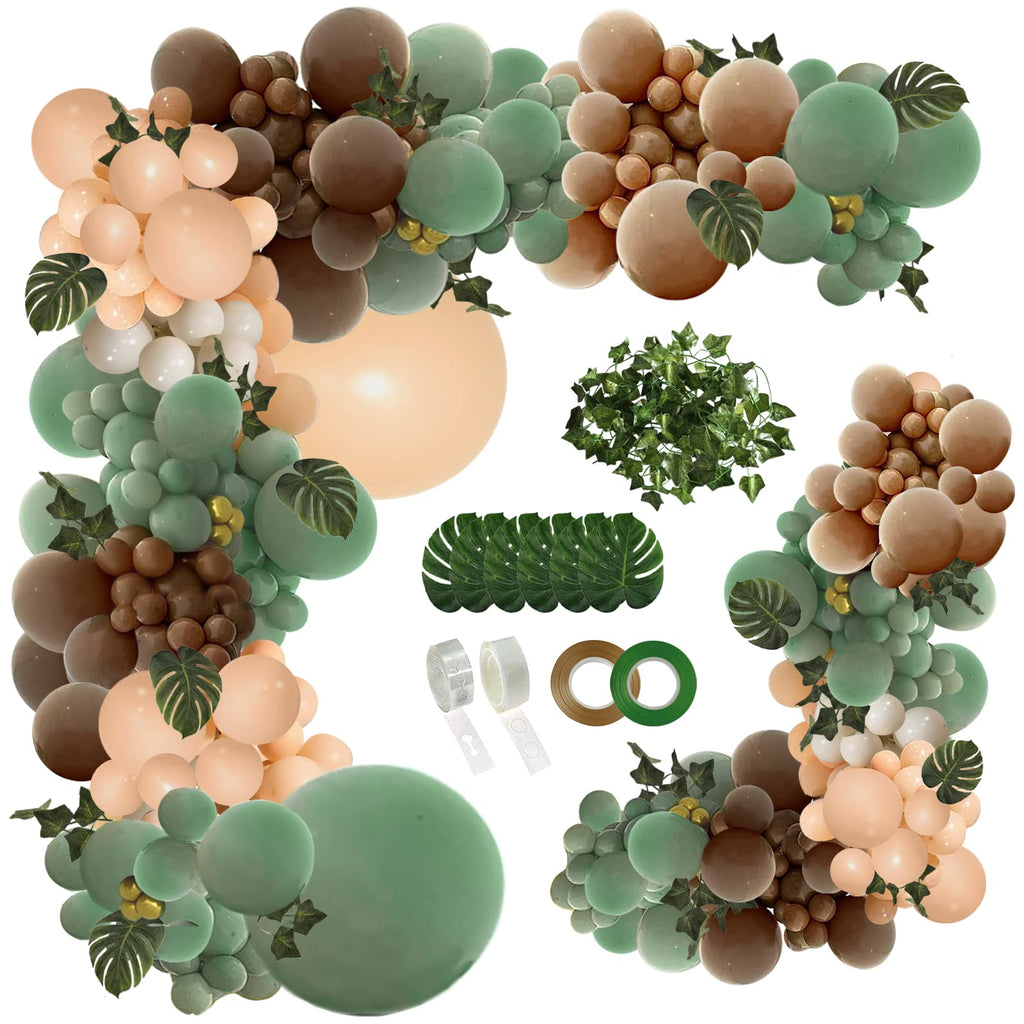 PERPAOL 148-Piece Sage Green & Brown Balloon Garland Kit for Jungle Safari Wild One Party Decor