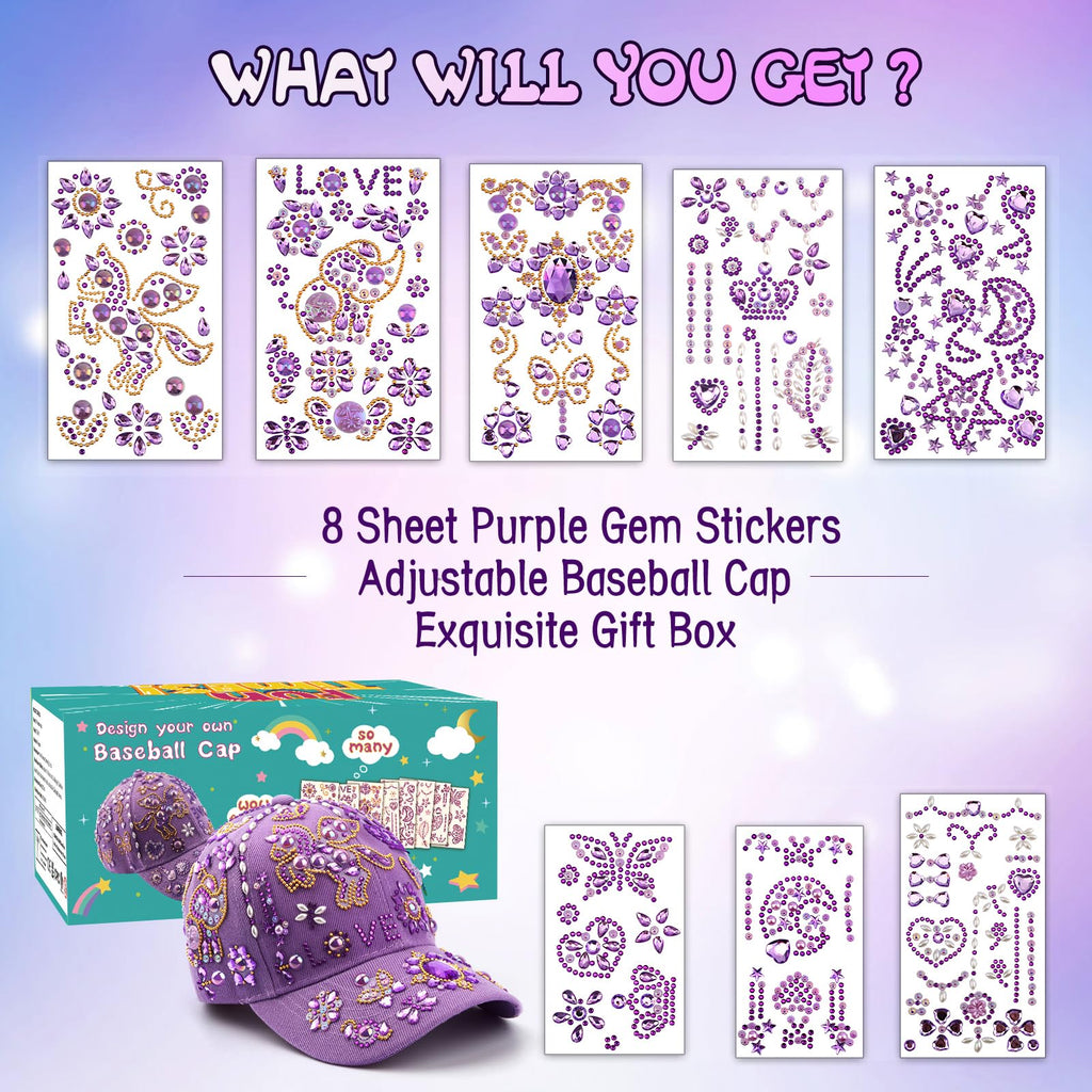 Perpetily DIY Unicorn Cap Craft Kit for Girls Ages 4-12 – Purple Baseball Cap with Rhinestone Stickers