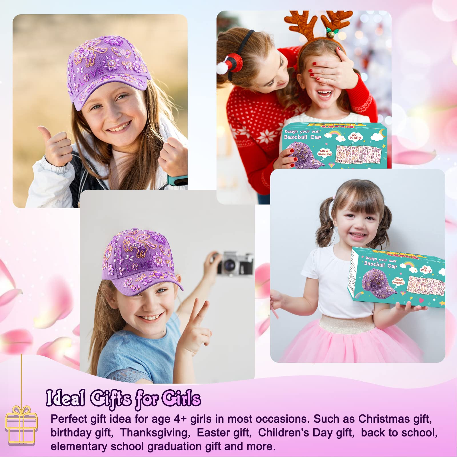 Perpetily DIY Unicorn Cap Craft Kit for Girls Ages 4-12 – Purple Baseball Cap with Rhinestone Stickers