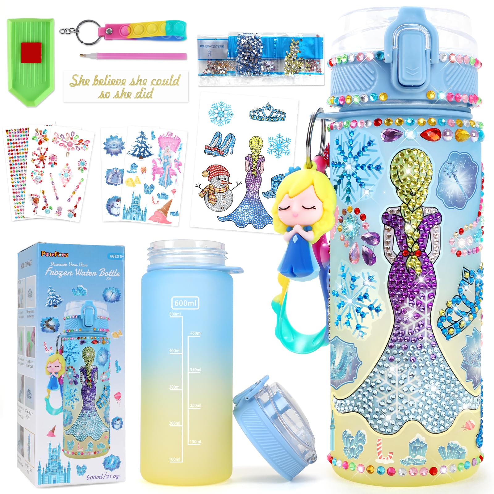 PERRYHOME Frozen Water Bottle DIY Kit for Girls - BPA-Free Leak-Proof 21oz Craft Set with Stickers and Charms