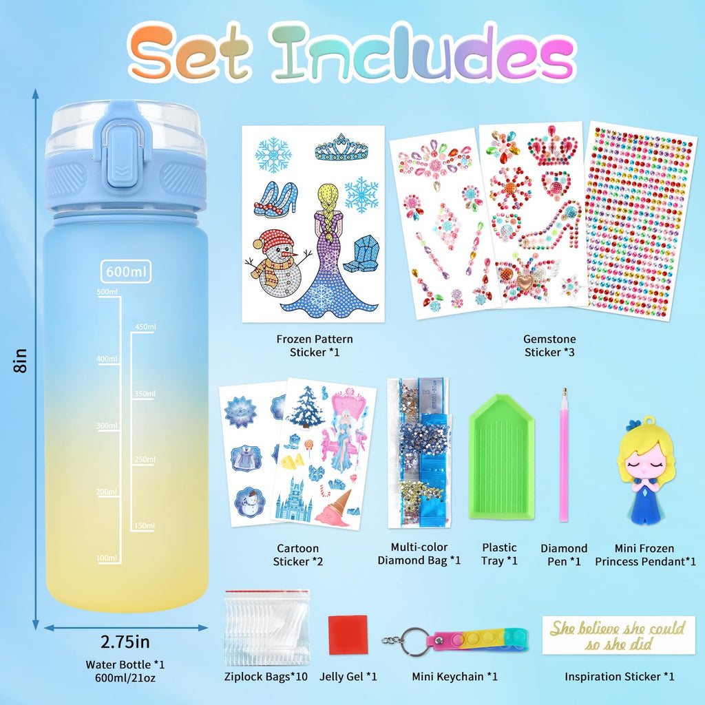 PERRYHOME Frozen Water Bottle DIY Kit for Girls - BPA-Free Leak-Proof 21oz Craft Set with Stickers and Charms