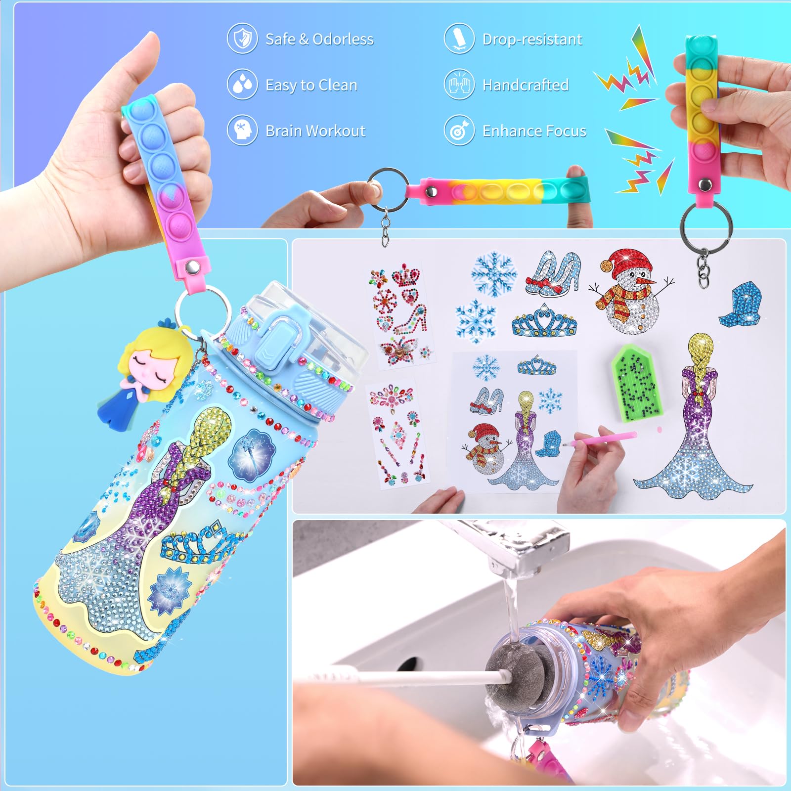 PERRYHOME Frozen Water Bottle DIY Kit for Girls - BPA-Free Leak-Proof 21oz Craft Set with Stickers and Charms