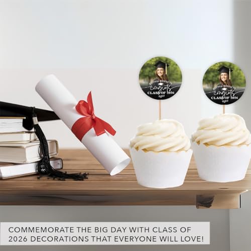Personalized Graduation Cupcake Toppers 2026 – Custom Photo & Name, 20 Pack