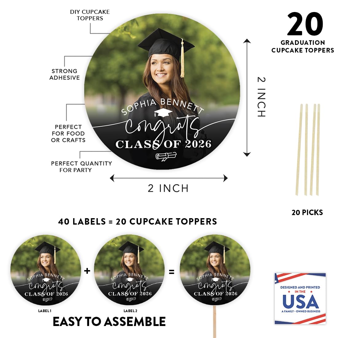Personalized Graduation Cupcake Toppers 2026 – Custom Photo & Name, 20 Pack