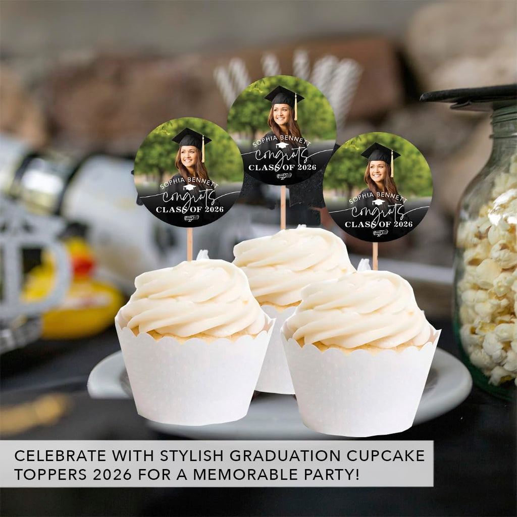 Personalized Graduation Cupcake Toppers 2026 – Custom Photo & Name, 20 Pack