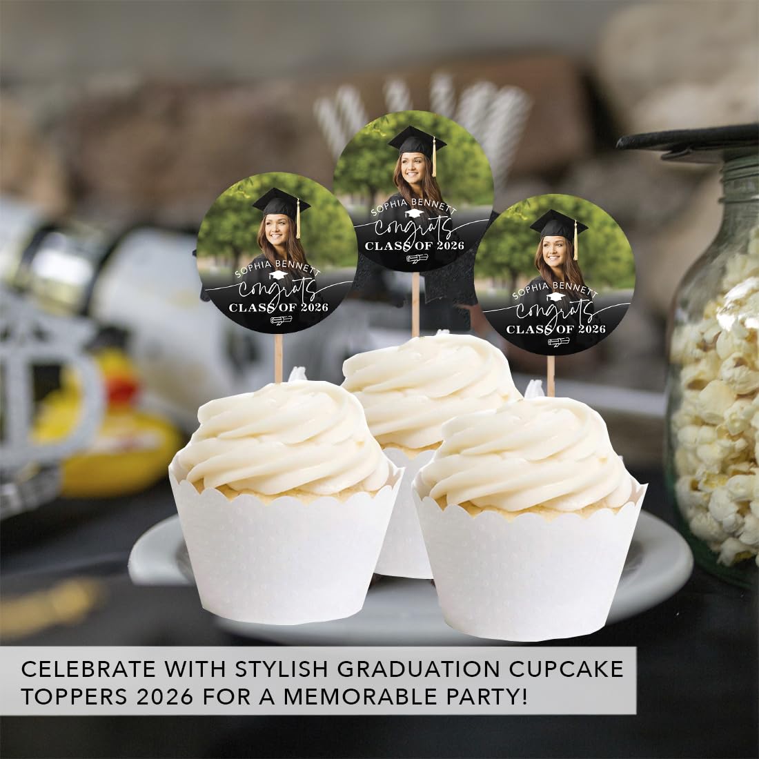 Personalized Graduation Cupcake Toppers 2026 – Custom Photo & Name, 20 Pack