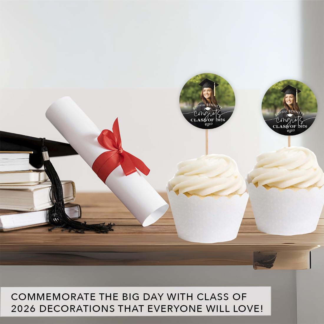 Personalized Graduation Cupcake Toppers 2026 – Custom Photo & Name, 20 Pack