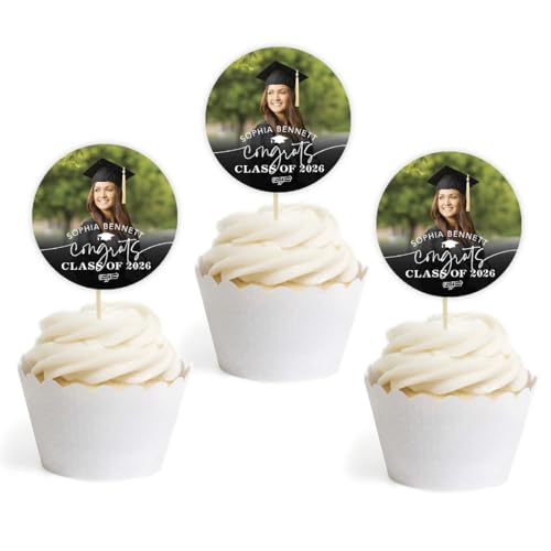 Personalized Graduation Cupcake Toppers 2026 – Custom Photo & Name, 20 Pack