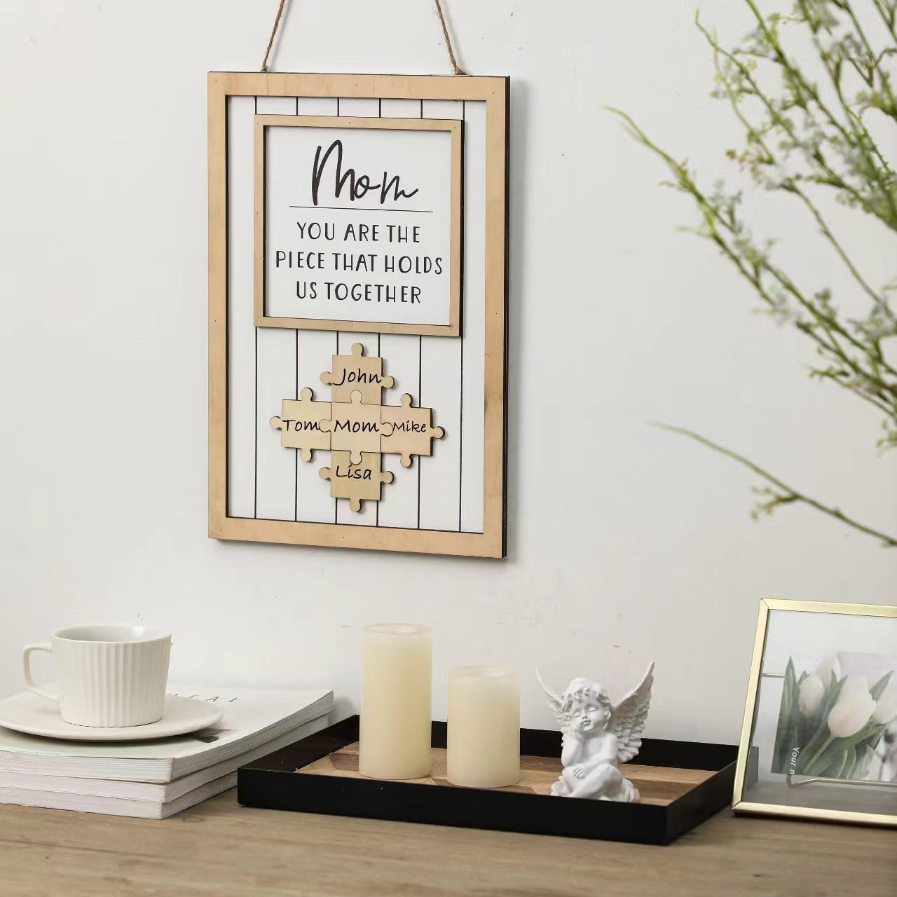 Personalized Mom Puzzle Sign - Custom Wooden Frame with 9 Name Pieces, Gift for Mother's Day, Birthday, Christmas