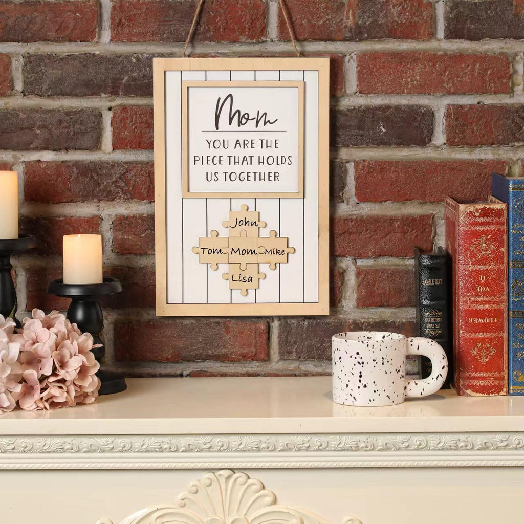 Personalized Mom Puzzle Sign - Custom Wooden Frame with 9 Name Pieces, Gift for Mother's Day, Birthday, Christmas