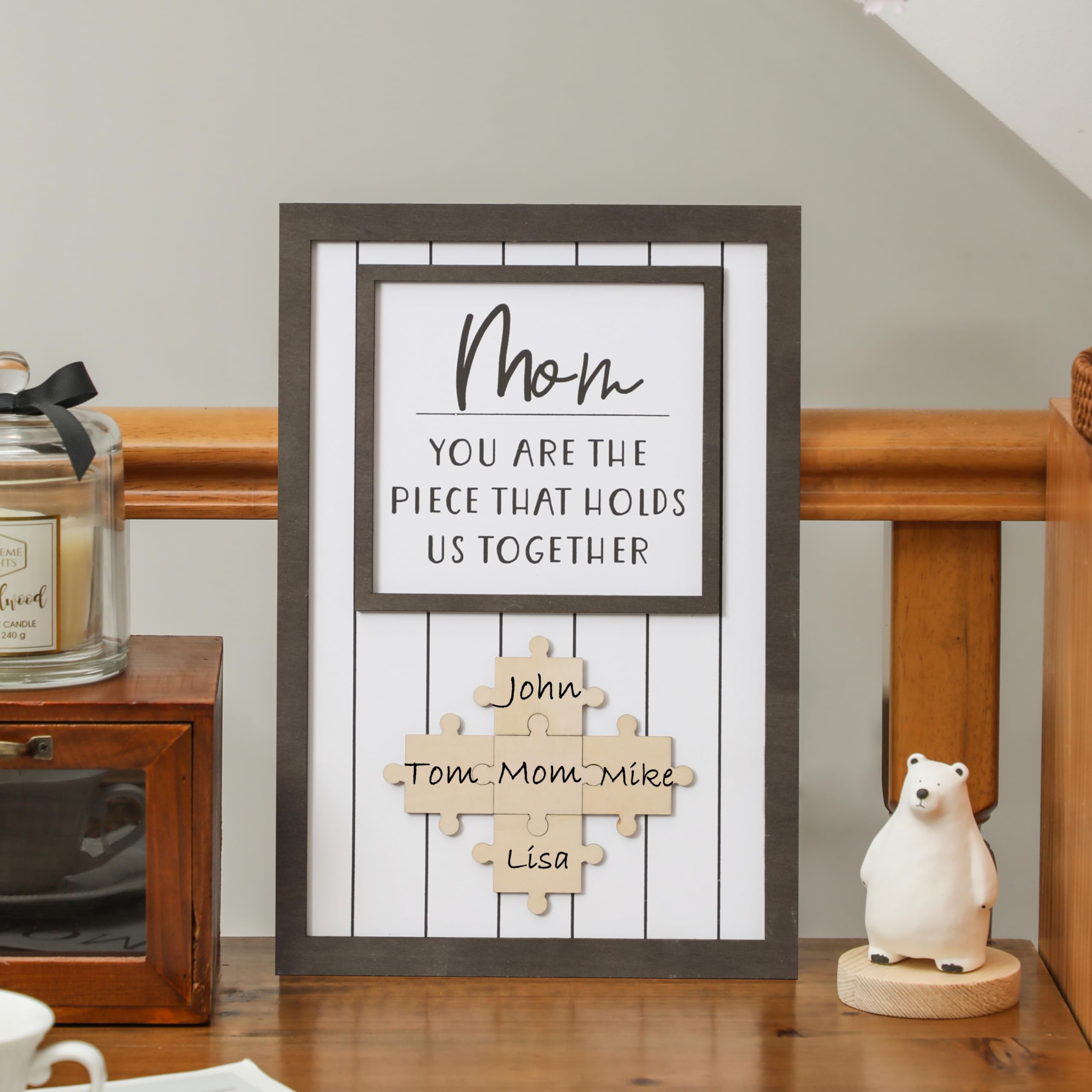 Personalized Mom Puzzle Sign – Custom Wood Wall Decor with Family Names, Mother's Day Gift