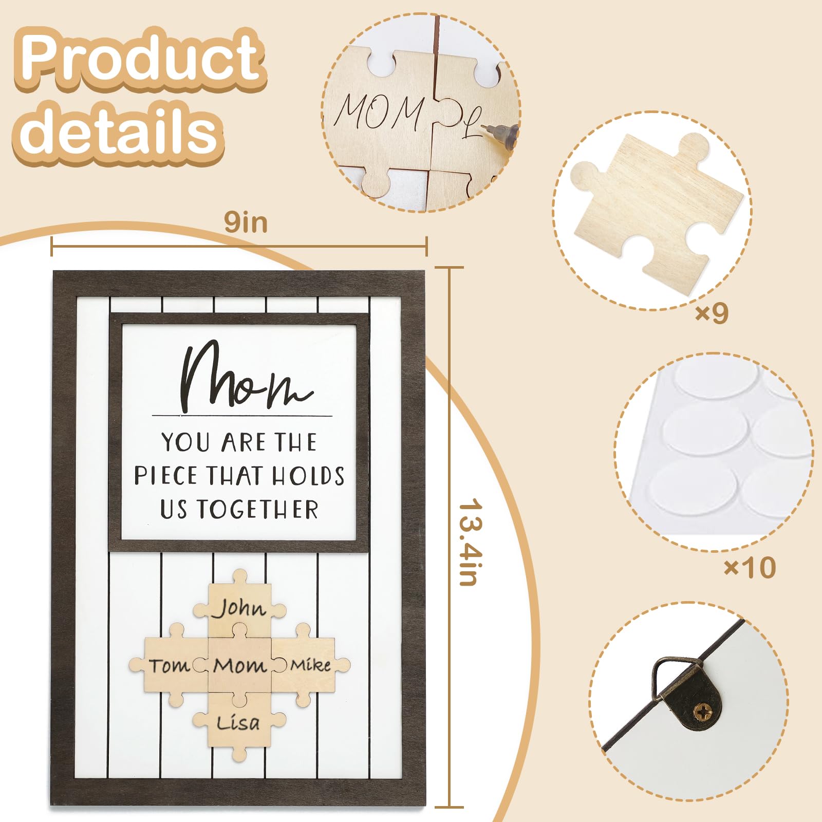 Personalized Mom Puzzle Sign – Custom Wood Wall Decor with Family Names, Mother's Day Gift