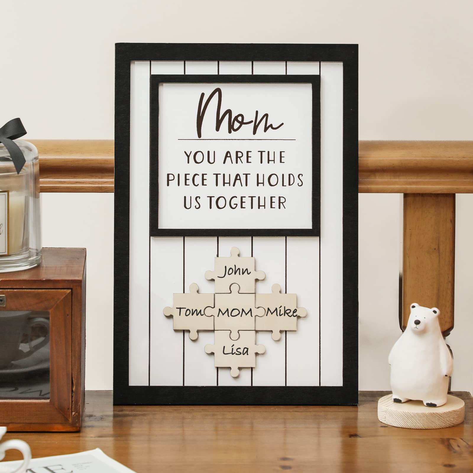 Personalized Mom Puzzle Sign – Custom Wooden Frame with Up to 9 Names, Wall Décor Gift for Mother's Day, Birthday, Christmas