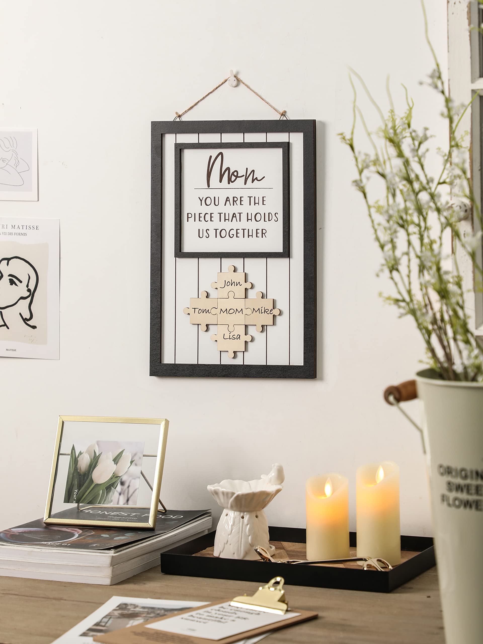 Personalized Mom Puzzle Sign – Custom Wooden Frame with Up to 9 Names, Wall Décor Gift for Mother's Day, Birthday, Christmas