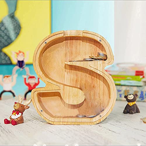 Personalized Wooden Letter Piggy Bank A-Z, Large-Capacity Transparent Plexiglass Coin Savings Box, DIY Name Creative Gift for Kids