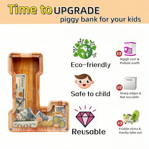 Personalized Wooden Letter Piggy Bank – Large Customizable Savings Box for Kids & Adults (L)