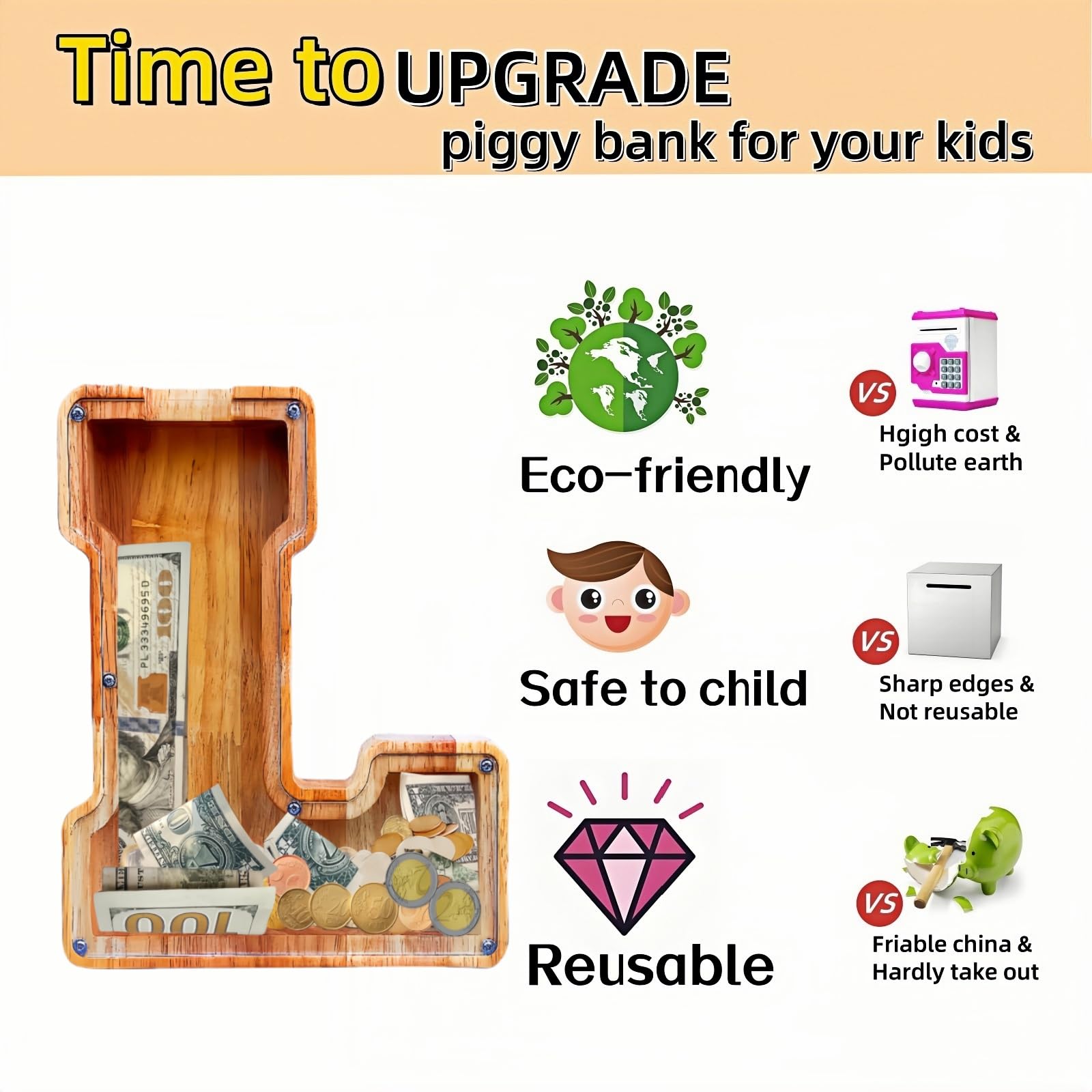 Personalized Wooden Letter Piggy Bank – Large Customizable Savings Box for Kids & Adults (L)