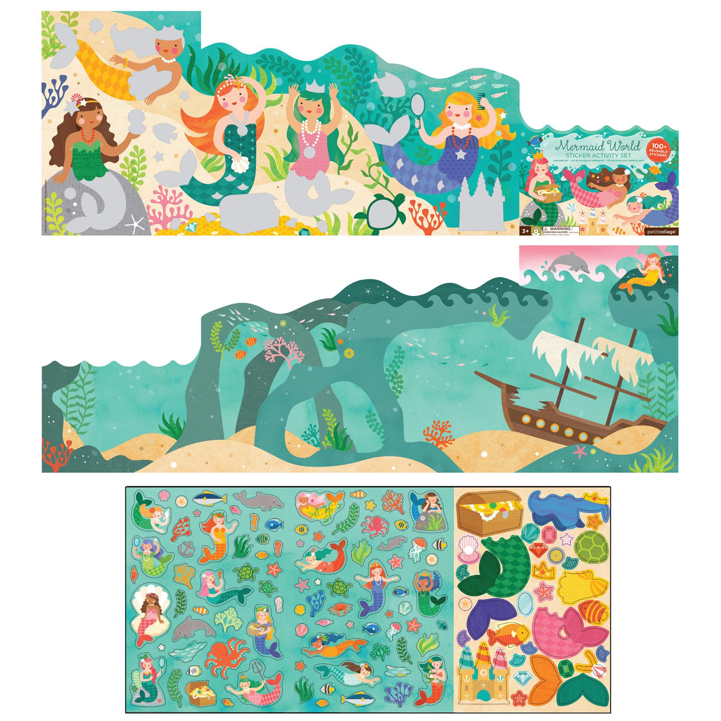 Petit Collage Mermaid World Sticker Activity Book – Giant Fold-Out with 100+ Reusable Stickers, Ages 4+