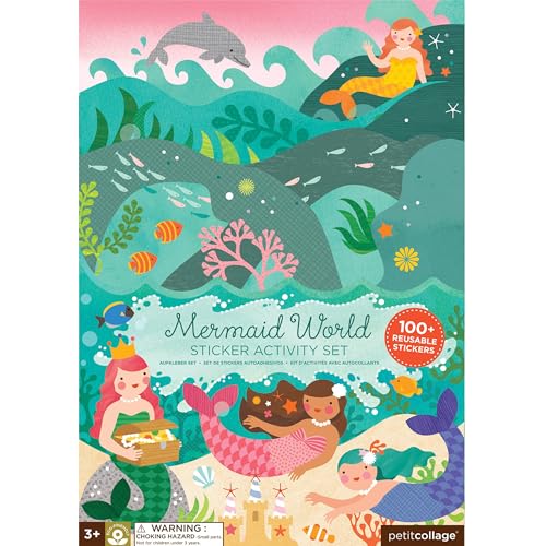 Petit Collage Mermaid World Sticker Activity Book – Giant Fold-Out with 100+ Reusable Stickers, Ages 4+