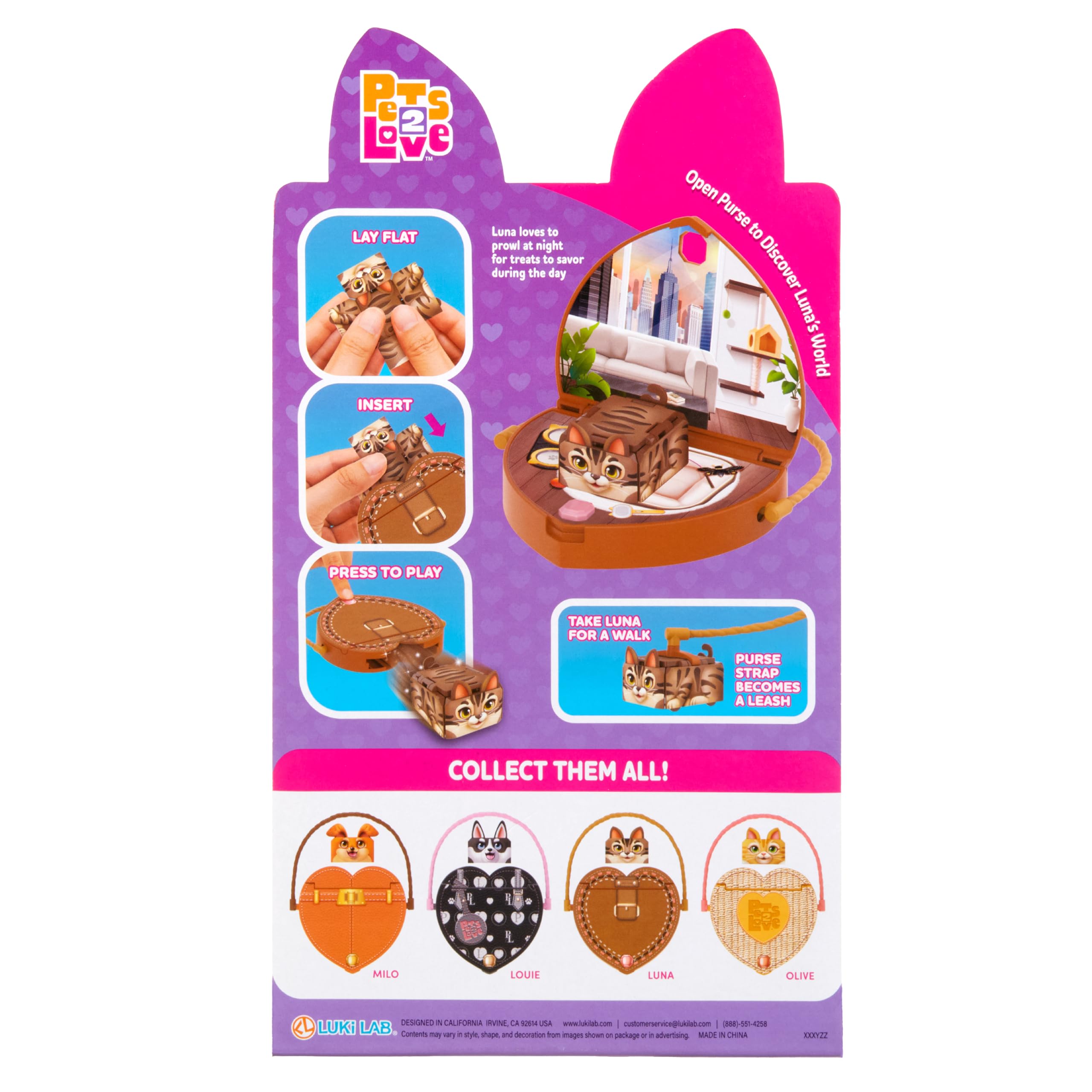 Pets 2 Love Luna Interactive Cat Toy Purse with Heart-Shaped Carrier and Leash