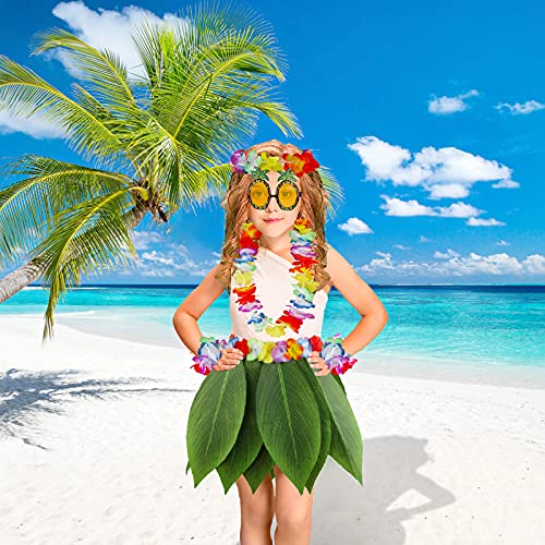 PHOGARY 7-Piece Hawaiian Luau Costume Kit with Hula Skirt, Flower Leis, Sunglasses & Hair Clip