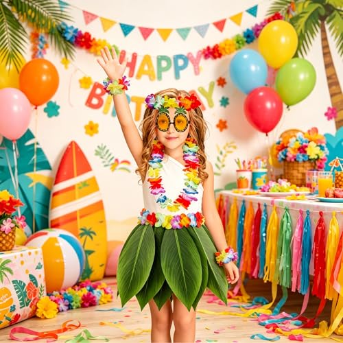 PHOGARY 7-Piece Hawaiian Luau Costume Kit with Hula Skirt, Flower Leis, Sunglasses & Hair Clip
