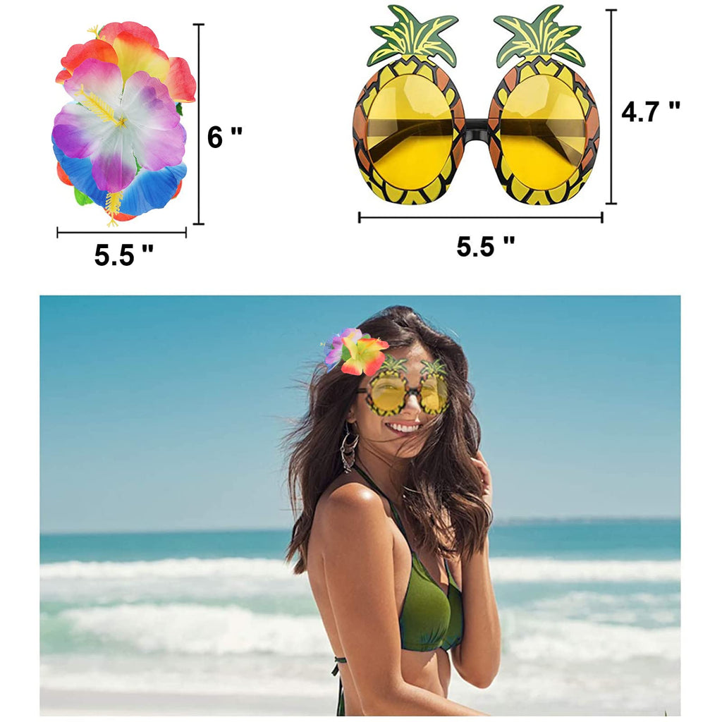 PHOGARY 7-Piece Hawaiian Luau Costume Kit with Hula Skirt, Flower Leis, Sunglasses & Hair Clip