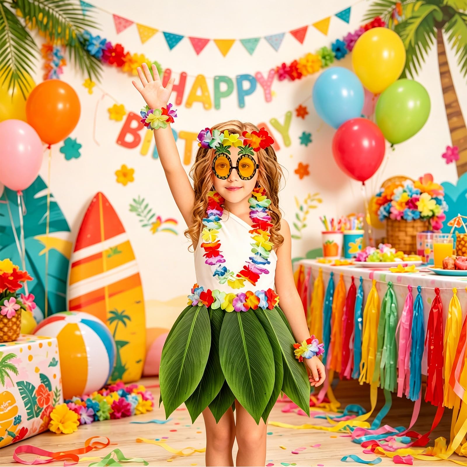 PHOGARY 7-Piece Hawaiian Luau Costume Kit with Hula Skirt, Flower Leis, Sunglasses & Hair Clip