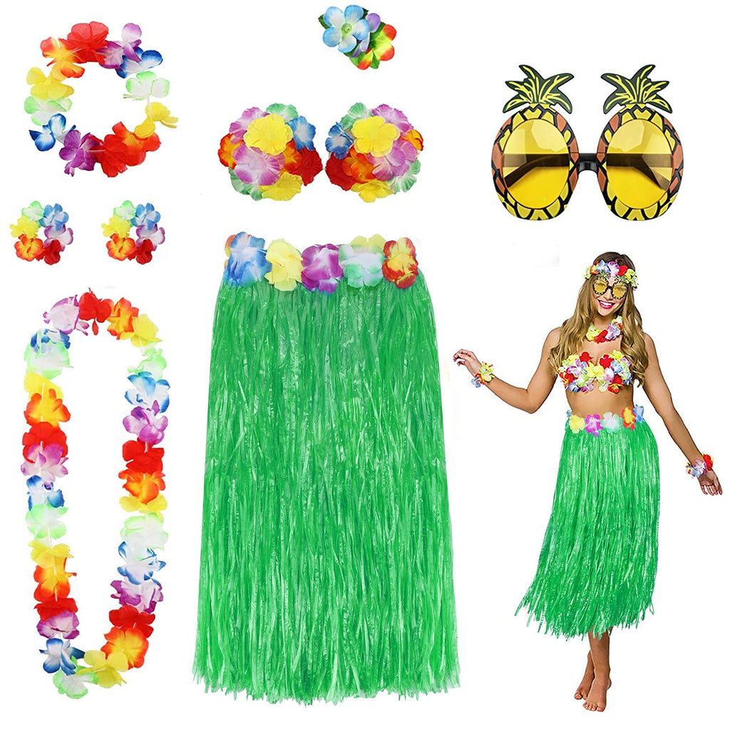 PHOGARY 8-Piece Hula Skirt Costume Kit for Luau Parties – Grass Skirt, Flower Bikini Top, Lei, and More