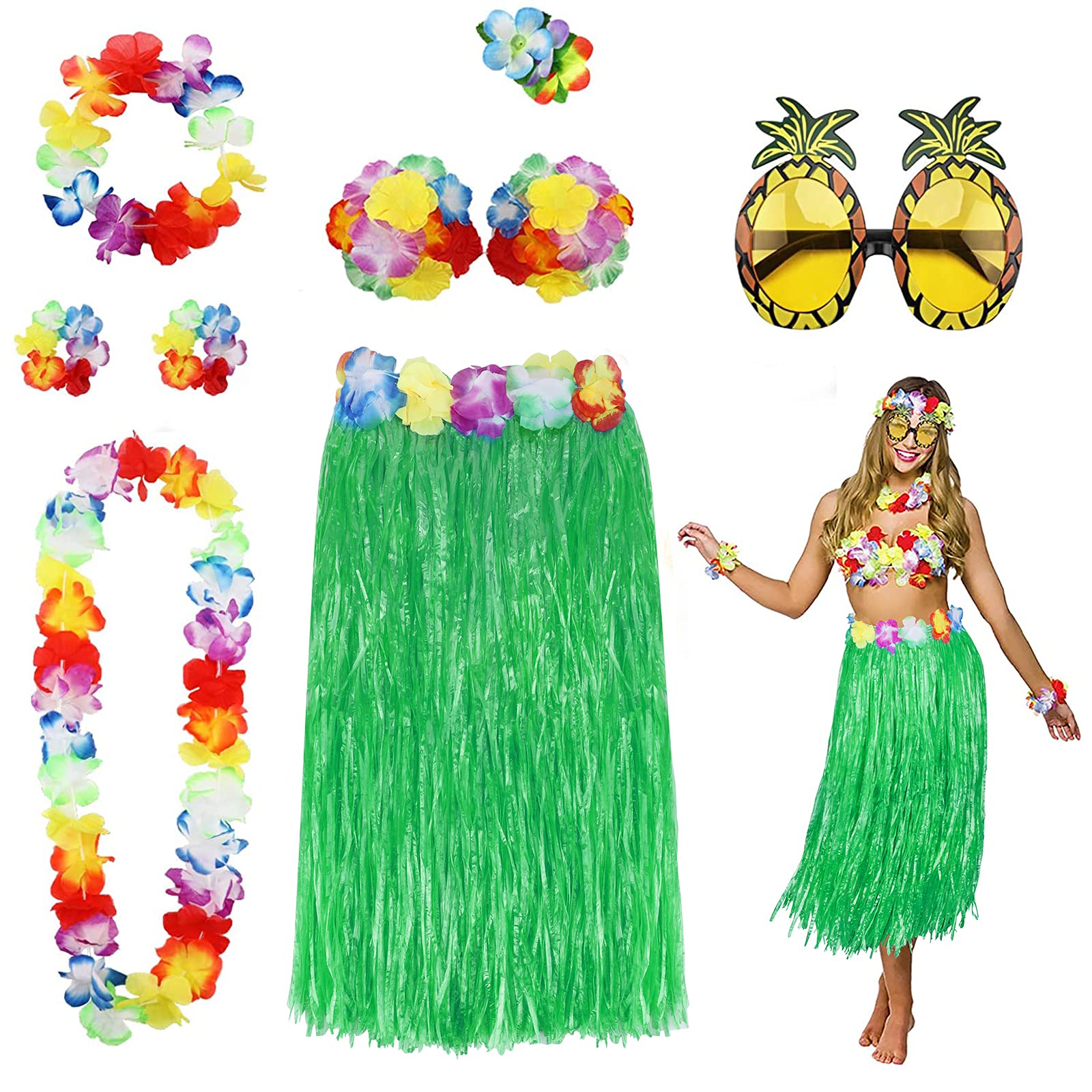 PHOGARY 8-Piece Hula Skirt Costume Kit for Luau Parties – Grass Skirt, Flower Bikini Top, Lei, and More