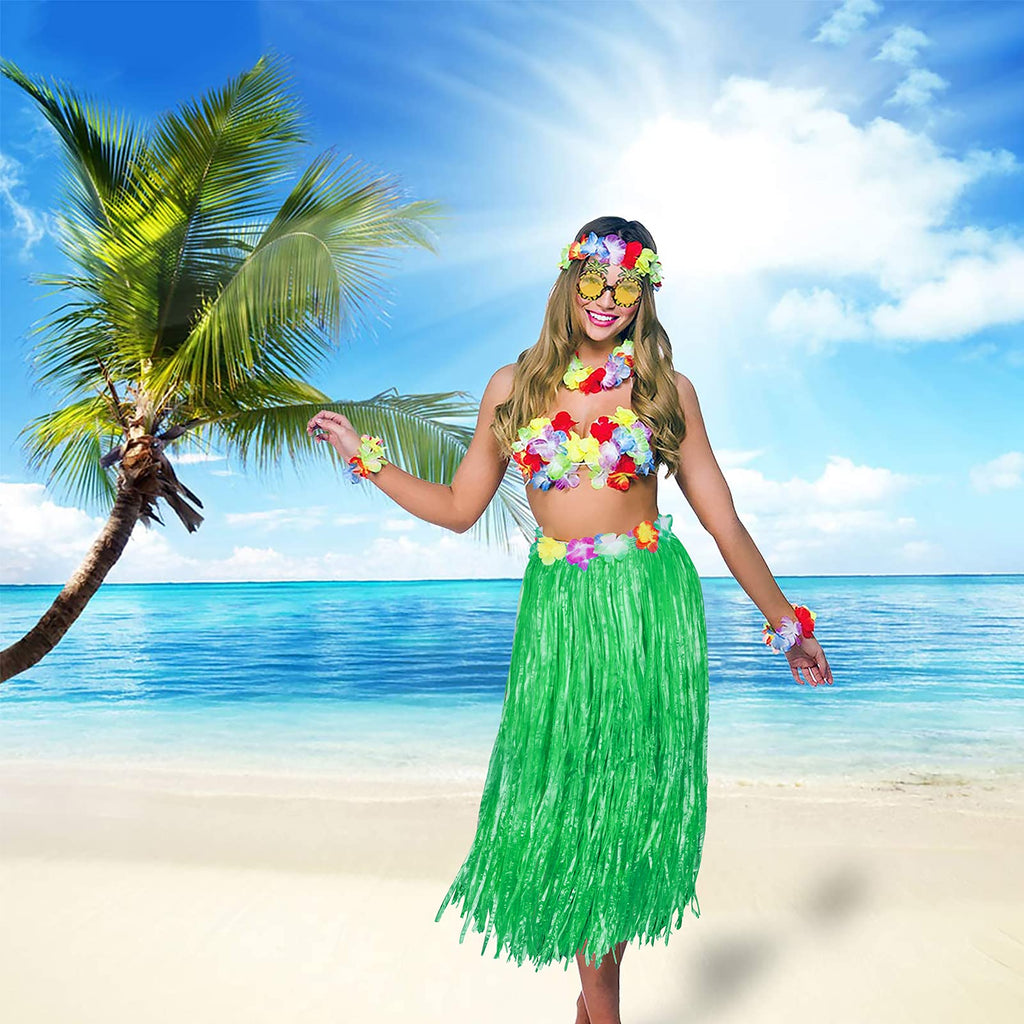 PHOGARY 8-Piece Hula Skirt Costume Kit for Luau Parties – Grass Skirt, Flower Bikini Top, Lei, and More