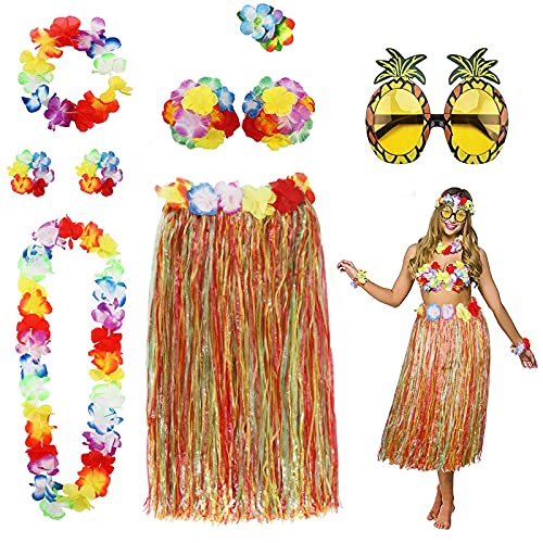 PHOGARY 8-Piece Hula Skirt Costume Kit for Luau Party with Flower Bikini Top and Hawaiian Lei